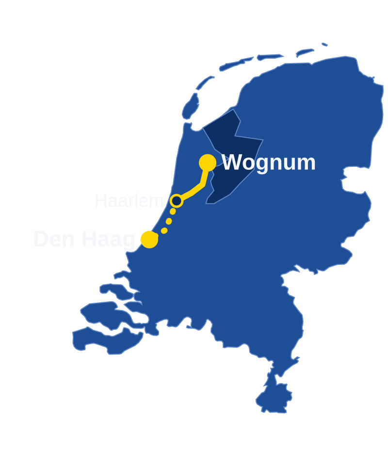 Kaart van Nederland met onze route van Wognum via Haarlem naar Den Haag